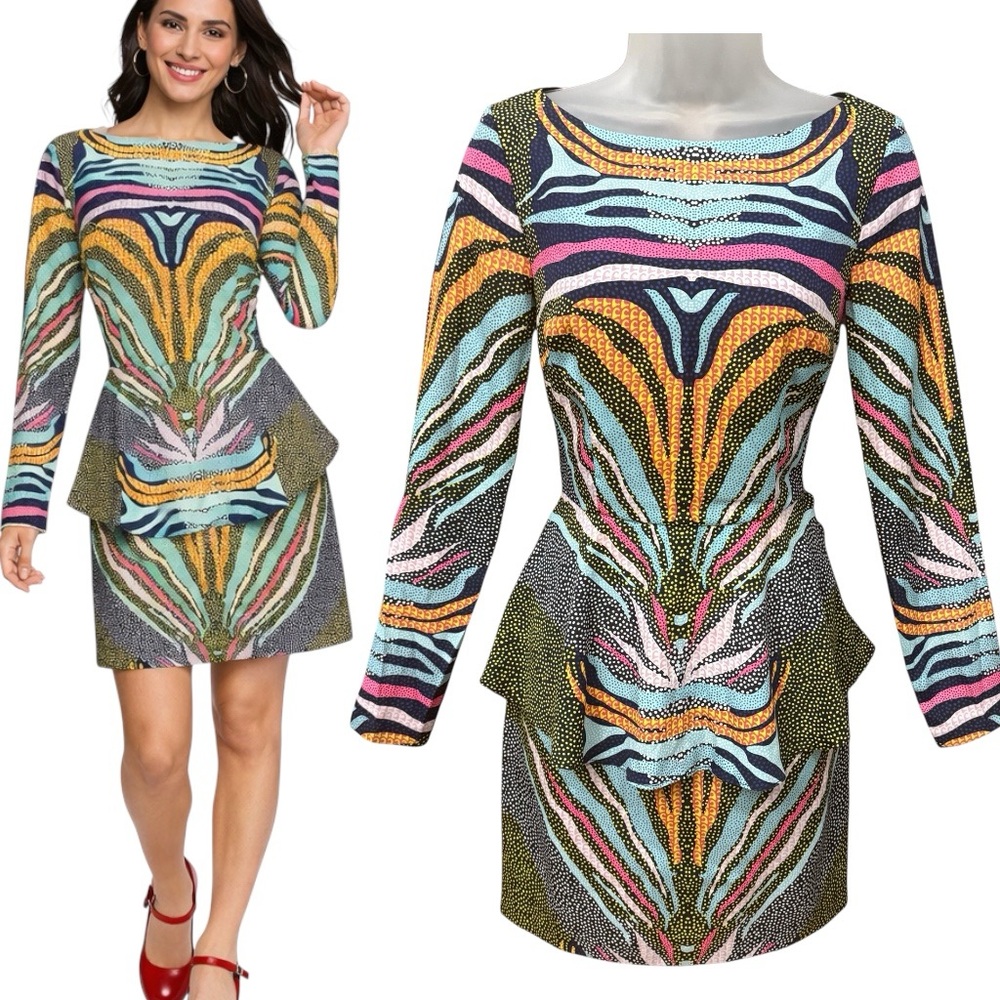 MARA HOFFMAN Phoenix Zebra Print Peplum Mini Dress Long Sleeve NWT Size 2
